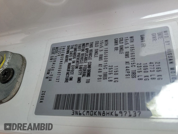 2017 Nissan NV200 S with VIN 3N6CM0KN8HK697137, listed as a IAAI auction lot 42807846 with 226,633 mi miles and . Bid and sale history available at DreamBid. Image 32.