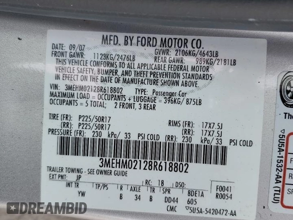 2008 Mercury Milan Premier with VIN 3MEHM02128R618802, listed as a Copart auction lot 46654355 with 72,735 mi miles and Salvage Title. Bid and sale history available at carsss.com. Image 14.
