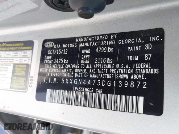 2013 Kia Optima EX with VIN 5XXGN4A75DG139872, listed as a IAAI auction lot 42483921 with 120,167 mi miles and . Bid and sale history available at DreamBid. Image 9.