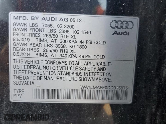 2013 Audi Q7 Premium Plus with VIN WA1LMAFE0DD015875, listed as a Copart auction lot 64954215 with 154,735 mi miles and Clean title. Bid and sale history available at DreamBid. Image 13.