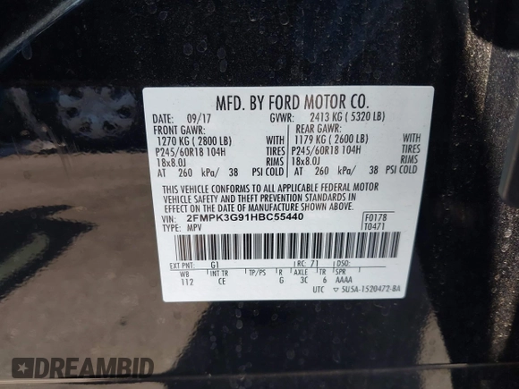 2017 Ford Edge SE with VIN 2FMPK3G91HBC55440, listed as a IAAI auction lot 42439650 with 38,518 mi miles and . Bid and sale history available at DreamBid. Image 9.