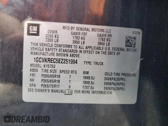 2014 Chevrolet Silverado 1500 LT with VIN 1GCVKREC5EZ251994, listed as a Copart auction lot 54245965 with 193,117 mi miles and Clean Title. Bid and sale history available at carsss.com. Image 12.