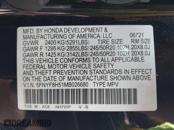 2021 Honda Passport EX-L с VIN 5FNYF8H51MB026680, выставлен на аукционе IAAI как лот 42166422 с пробегом 55 531 миль миль и . История ставок и продаж доступна на DreamBid. Изображение 9.