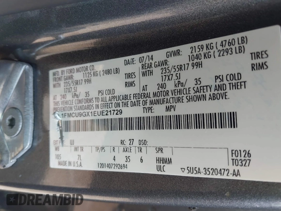 2014 Ford Escape SE with VIN 1FMCU9GX1EUE21729, listed as a IAAI auction lot 42475113 with 116,050 mi miles and . Bid and sale history available at DreamBid. Image 9.
