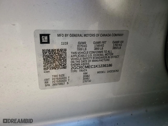 2019 Chevrolet Silverado 1500 LD Custom with VIN 2GCRCMEC1K1236186, listed as a Copart auction lot 82668784 with 59,993 mi miles and Salvage Title. Bid and sale history available at carsss.com. Image 13.