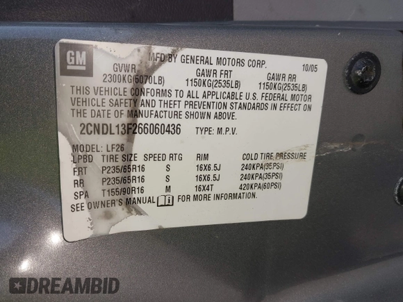2006 Chevrolet Equinox LS z VIN 2CNDL13F266060436, wystawiony jako IAAI lot #42380581 z przebiegiem 129 639 mil mil oraz . Historia ofert i sprzedaży dostępna na DreamBid. Obrazek 9.