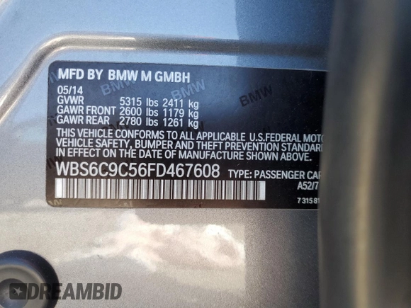 2015 BMW M6 z VIN WBS6C9C56FD467608, wystawiony jako Copart lot #67796074 z przebiegiem 67 706 mil mil oraz Szkoda całkowita • Salvage title. Historia ofert i sprzedaży dostępna na DreamBid. Obrazek 12.