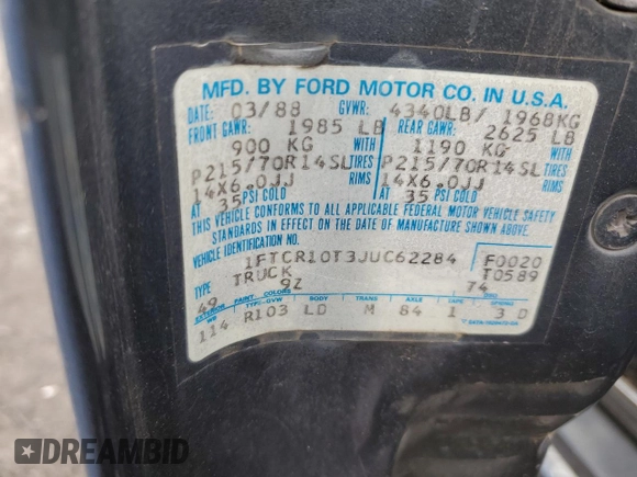 1988 Ford Ranger with VIN 1FTCR10T3JUC62284, listed as a Copart auction lot 82195934 with 39,766 mi miles and Clean Title. Bid and sale history available at DreamBid. Image 12.