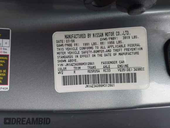 2006 Nissan 350Z Touring z VIN JN1AZ34D86M312841, wystawiony jako IAAI lot #42336869 z przebiegiem 138 191 mil mil oraz . Historia ofert i sprzedaży dostępna na DreamBid. Obrazek 9.