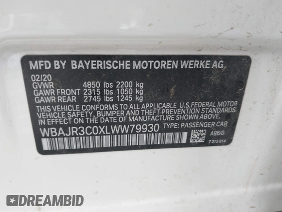 2020 BMW 5 Series 530i with VIN WBAJR3C0XLWW79930, listed as a IAAI auction lot 41482074 with 101,757 mi miles and . Bid and sale history available at DreamBid. Image 9.