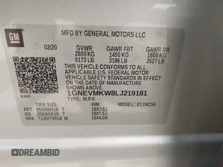 2020 Chevrolet Traverse LT Cloth with VIN 1GNEVMKW8LJ219181, listed as a IAAI auction lot 42150372 with 78,390 mi miles and . Bid and sale history available at DreamBid. Image 9.