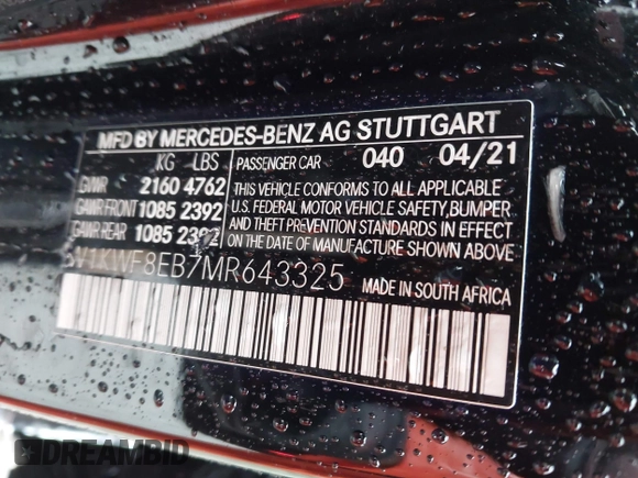 2021 Mercedes-Benz C 300 with VIN W1KWF8EB7MR643325, listed as a IAAI auction lot 42252453 with 61,965 mi miles and . Bid and sale history available at DreamBid. Image 9.