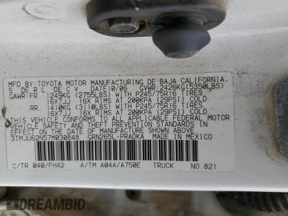 2007 Toyota Tacoma PreRunner с VIN 3TMJU62N57M030848, выставлен на аукционе Copart как лот 57936685 с пробегом 290 877 миль миль и Списание • Salvage title. История ставок и продаж доступна на DreamBid. Изображение 12.