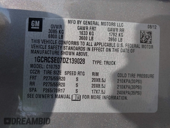 2013 Chevrolet Silverado 1500 LT with VIN 1GCRCSE07DZ139028, listed as a IAAI auction lot 42153434 with 89,181 mi miles and . Bid and sale history available at DreamBid. Image 9.