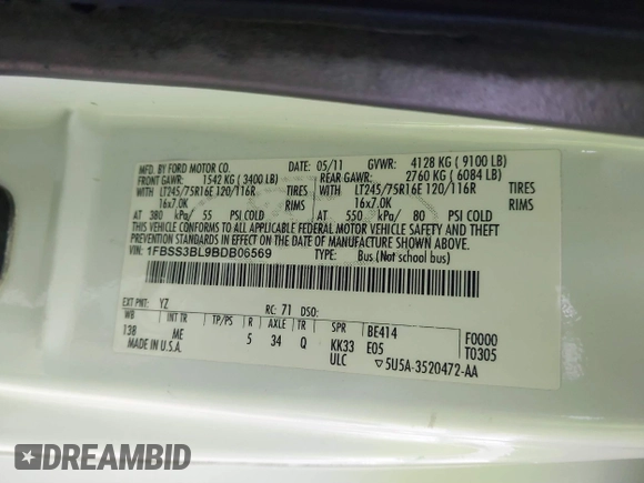 2011 Ford Econoline Passenger XL with VIN 1FBSS3BL9BDB06569, listed as a IAAI auction lot 41902969 with 277,926 mi miles and . Bid and sale history available at DreamBid. Image 9.