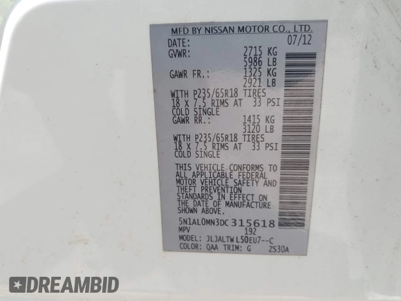 2013 Infiniti JX35 with VIN 5N1AL0MN3DC315618, listed as a IAAI auction lot 42107516 with 178,518 mi miles and . Bid and sale history available at DreamBid. Image 9.
