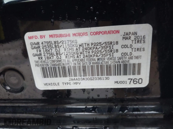 2016 Mitsubishi Outlander SE with VIN JA4AD3A30GZ036130, listed as a IAAI auction lot 41085212 with 60,322 mi miles and . Bid and sale history available at DreamBid. Image 9.