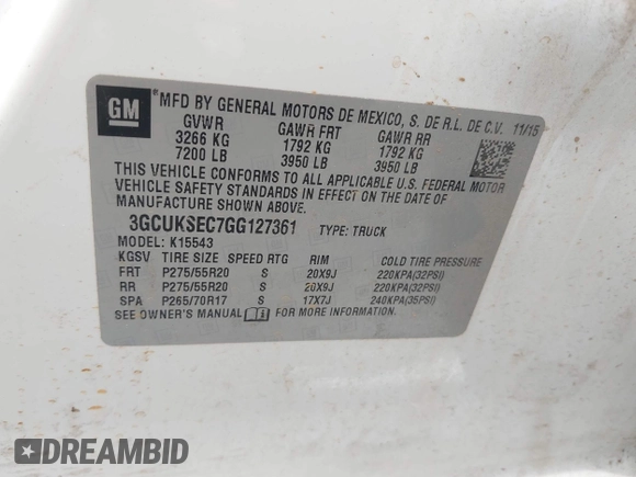 2016 Chevrolet Silverado 1500 LTZ with VIN 3GCUKSEC7GG127361, listed as a IAAI auction lot 41794781 with 186,123 mi miles. Bid and sale history available at carsss.com. Image 9.