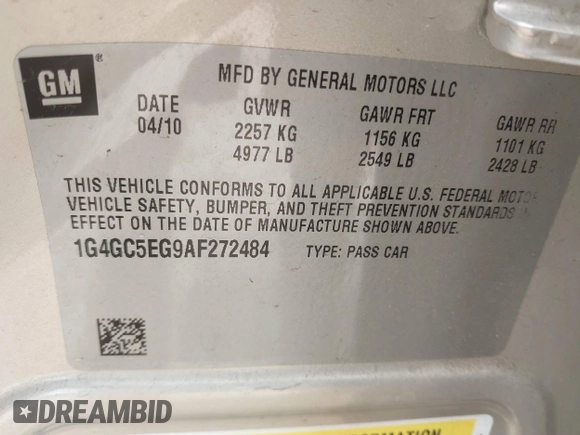 2010 Buick LaCrosse CXL with VIN 1G4GC5EG9AF272484, listed as a IAAI auction lot 42450252 with 80,252 mi miles and . Bid and sale history available at DreamBid. Image 9.