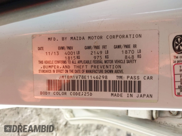 2014 Mazda 3 i Touring z VIN JM1BM1V78E1146298, wystawiony jako IAAI lot #41814133 z przebiegiem 122 620 mil mil oraz . Historia ofert i sprzedaży dostępna na DreamBid. Obrazek 9.