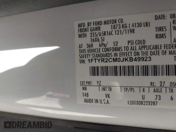 2018 Ford Transit with VIN 1FTYR2CM0JKB49923, listed as a IAAI auction lot 41977529 with 59,304 mi miles. Bid and sale history available at carsss.com. Image 9.