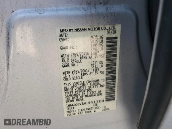 2010 Nissan Frontier SE z VIN 1N6AD0EV3AC441504, wystawiony jako Copart lot #63306525 z przebiegiem 149 868 mil mil oraz Czysty tytuł • Clean title. Historia ofert i sprzedaży dostępna na DreamBid. Obrazek 12.