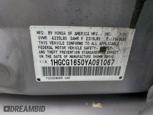 2000 Honda Accord EX with VIN 1HGCG1650YA091067, listed as a Copart auction lot 61095325 with 88,924 mi miles and Clean title. Bid and sale history available at DreamBid. Image 12.