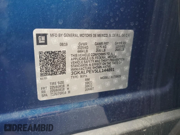 2020 GMC Terrain SLT with VIN 3GKALPEV5LL144891, listed as a Copart auction lot 54172585 with 99,722 mi miles and Salvage title. Bid and sale history available at DreamBid. Image 13.