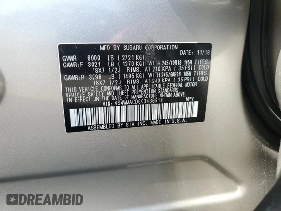 2019 Subaru Ascent Premium with VIN 4S4WMACD6K3436514, listed as a Copart auction lot 55091205 with 32,108 mi miles and Salvage title. Bid and sale history available at DreamBid. Image 13.