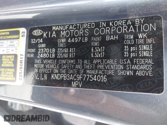 2015 Kia Sportage LX with VIN KNDPB3AC9F7754016, listed as a IAAI auction lot 41938311 with 71,737 mi miles and . Bid and sale history available at DreamBid. Image 9.