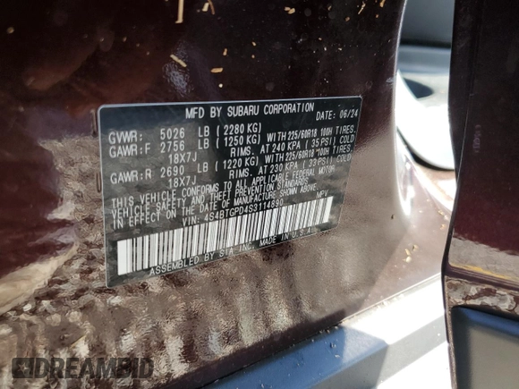 2025 Subaru Outback Touring XT with VIN 4S4BTGPD4S3114890, listed as a Copart auction lot 73842004 with Not provided miles and Salvage title. Bid and sale history available at DreamBid. Image 14.