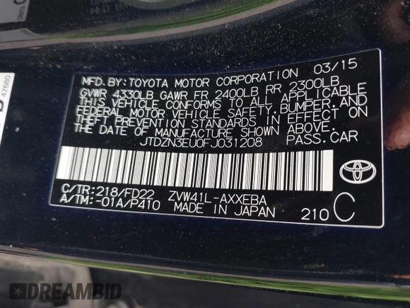 2015 Toyota Prius Two with VIN JTDZN3EU0FJ031208, listed as a IAAI auction lot 41910346 with 72,973 mi miles and . Bid and sale history available at DreamBid. Image 9.