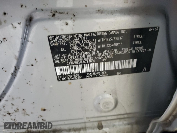 2018 Toyota RAV4 LE with VIN 2T3BFREV0JW781650, listed as a Copart auction lot 52123085 with 36,748 mi miles and Salvage Title. Bid and sale history available at carsss.com. Image 13.