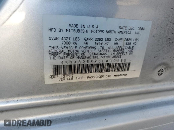 2005 Mitsubishi Galant DE with VIN 4A3AB26FX5E039465, listed as a Copart auction lot 86532374 with 196,698 mi miles and Salvage Title. Bid and sale history available at carsss.com. Image 14.