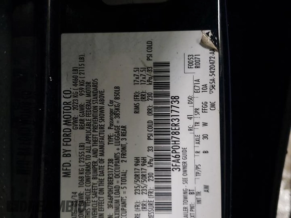 2014 Ford Fusion SE with VIN 3FA6P0H78ER317738, listed as a Copart auction lot 49826635 with 169,326 mi miles and Salvage Title. Bid and sale history available at DreamBid. Image 13.
