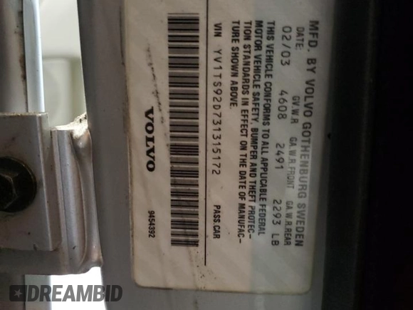 2003 Volvo S80 2.9L с VIN YV1TS92D731315172, выставлен на аукционе Copart как лот 41831785 с пробегом Не указан миль и Чистый • Clean title. История ставок и продаж доступна на DreamBid. Изображение 12.