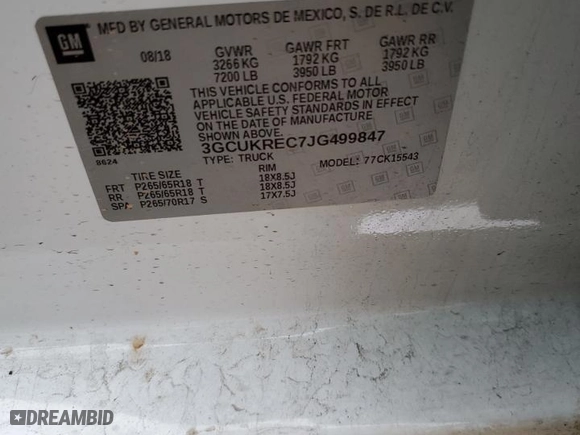 2018 Chevrolet Silverado 1500 LT with VIN 3GCUKREC7JG499847, listed as a Copart auction lot 47810745 with 0 mi miles and Salvage Title. Bid and sale history available at carsss.com. Image 12.