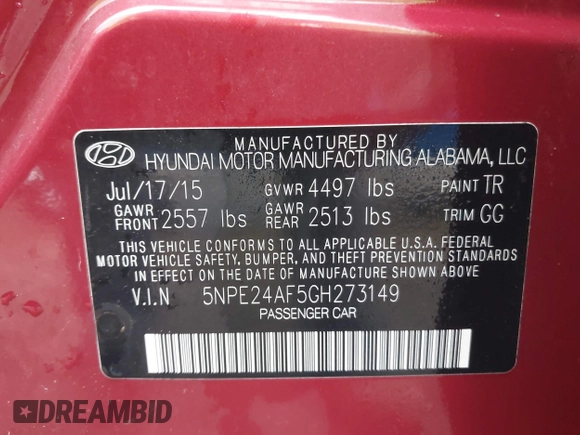 2016 Hyundai Sonata SE with VIN 5NPE24AF5GH273149, listed as a IAAI auction lot 41921543 with 168,762 mi miles and . Bid and sale history available at carsss.com. Image 9.