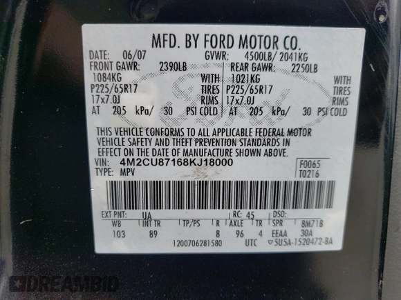 2008 Mercury Mariner Premier with VIN 4M2CU87168KJ18000, listed as a Copart auction lot 49802615 with 251,556 mi miles and Salvage title. Bid and sale history available at DreamBid. Image 16.