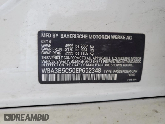 2014 BMW 3 Series 328i xDrive with VIN WBA3B5C50EP652348, listed as a Copart auction lot 62540855 with 160,553 mi miles and Clean title. Bid and sale history available at DreamBid. Image 12.