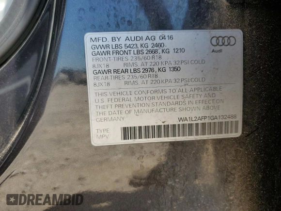 2016 Audi Q5 Premium Plus с VIN WA1L2AFP1GA132488, выставлен на аукционе Copart как лот 55909645 с пробегом 134 491 миль миль и Списание • Salvage title. История ставок и продаж доступна на DreamBid. Изображение 13.