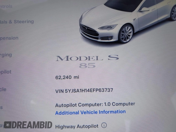 2014 Tesla Model S 60 with VIN 5YJSA1H14EFP63737, listed as a IAAI auction lot 41947610 with 62,240 mi miles and . Bid and sale history available at DreamBid. Image 7.