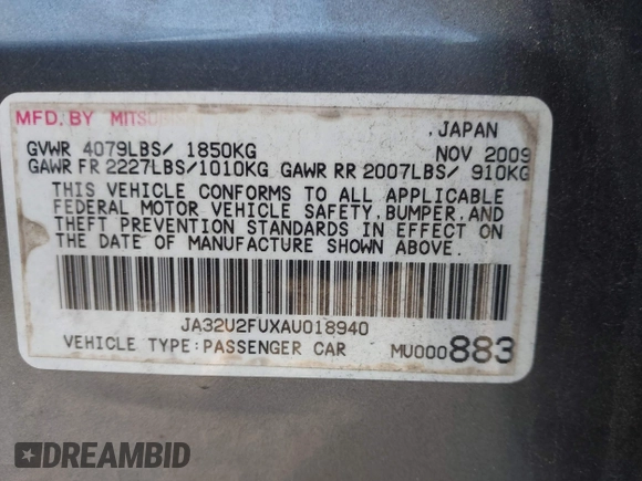 2010 Mitsubishi Lancer ES z VIN JA32U2FUXAU018940, wystawiony jako IAAI lot #42481450 z przebiegiem 180 872 mil mil oraz . Historia ofert i sprzedaży dostępna na DreamBid. Obrazek 9.
