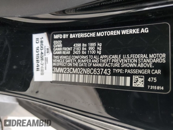 2022 BMW 2 Series 230i with VIN 3MW23CM02N8C63743, listed as a Copart auction lot 49281705 with 24,043 mi miles and Salvage Title. Bid and sale history available at carsss.com. Image 12.