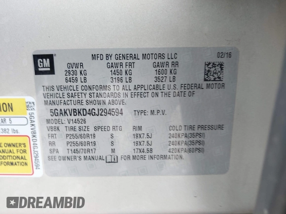 2016 Buick Enclave Leather with VIN 5GAKVBKD4GJ294594, listed as a IAAI auction lot 40939480 with 188,546 mi miles. Bid and sale history available at carsss.com. Image 9.