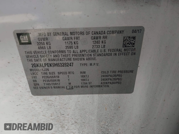 2017 GMC Terrain SLT z VIN 2GKALPEK9H6328247, wystawiony jako IAAI lot #41846797 z przebiegiem 146 947 mil mil oraz . Historia ofert i sprzedaży dostępna na DreamBid. Obrazek 9.