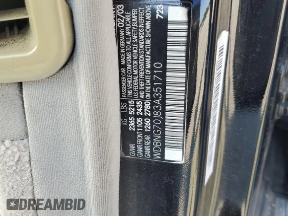 2003 Mercedes-Benz S 430 with VIN WDBNG70J83A351710, listed as a Copart auction lot 60496365 with Not provided miles and Salvage title. Bid and sale history available at DreamBid. Image 12.