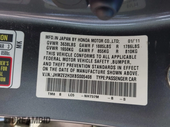 2011 Honda Insight with VIN JHMZE2H3XBS005408, listed as a IAAI auction lot 41747390 with 154,892 mi miles and . Bid and sale history available at DreamBid. Image 9.