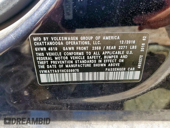 2017 Volkswagen Passat S with VIN 1VWAT7A31HC039975, listed as a Copart auction lot 64820155 with 134,050 mi miles and Salvage title. Bid and sale history available at DreamBid. Image 12.