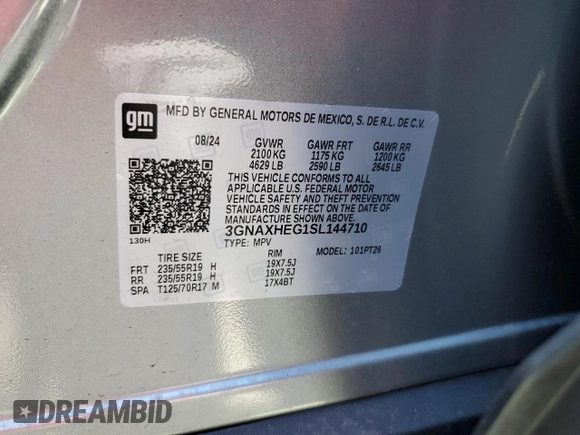 2025 Chevrolet Equinox FWD LT with VIN 3GNAXHEG1SL144710, listed as a Copart auction lot 48107755 with 2,063 mi miles and Salvage Title. Bid and sale history available at DreamBid. Image 14.
